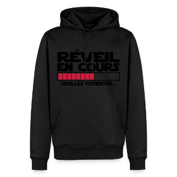 réveil (en cours),message,humour - Sweat à capuche Premium bio Homme - noir - Devant - Nico (187cm)