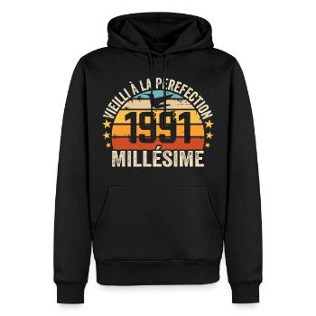 Millésime 1991 Cadeau D’anniversaire Rétro 1991 - Sweat à capuche Premium bio Homme - noir - Devant - Nico (187cm)