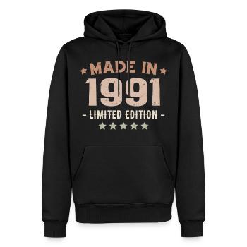 Hergestellt im Jahr 1991 Jubiläumsgeschenk 1991 Jahrgang 1991 - Männer Premium Bio Hoodie - Schwarz - Vorne - Nico (187cm)
