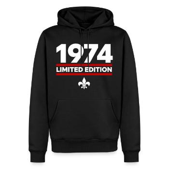 Édition limitée 1974 - Sweat à capuche Premium bio Homme - noir - Devant - Nico (187cm)