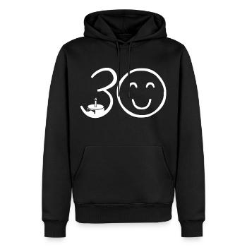 30e anniversaire - Sweat à capuche Premium bio Homme - noir - Devant - Nico (187cm)