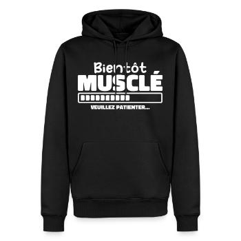 Bientôt Musclé - Veuillez Patienter - Sweat à capuche Premium bio Homme - noir - Devant - Nico (187cm)