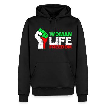 Woman, Life, Freedom | Free Iran! | Mit Flagge - Männer Premium Bio Hoodie - Schwarz - Vorne - Nico (187cm)