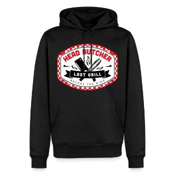 DERNIER BRISKET – Édition boucher - Sweat à capuche Premium bio Homme - noir - Devant - Nico (187cm)