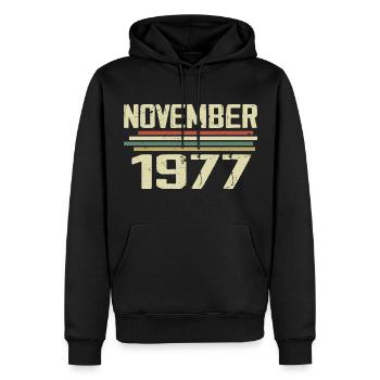 Millésime Novembre 1977 Vintage Rétro Novembre 1977 - Sweat à capuche Premium bio Homme - noir - Devant - Nico (187cm)