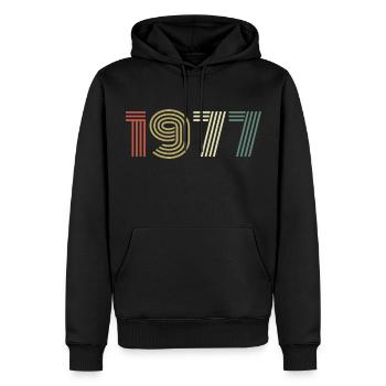 1977 Anniversaire Millésime 1977 Cadeau 1977 - Sweat à capuche Premium bio Homme - noir - Devant - Nico (187cm)