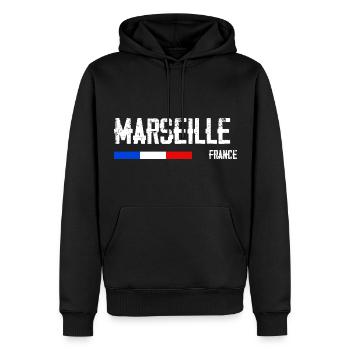 J'aime Marseille Nom de Ville en France - Sweat à capuche Premium bio Homme - noir - Devant - Nico (187cm)