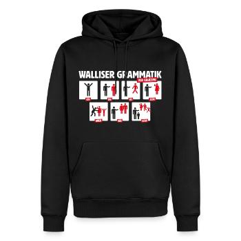 WALLISER GRAMMATIK - VER GRÜEZINI - Männer Premium Bio Hoodie - Schwarz - Vorne - Nico (187cm)