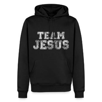 L’équipe Jésus - Sweat à capuche Premium bio Homme - noir - Devant - Nico (187cm)