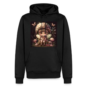 Fee mit Schmetterlingen sitzt auf einem Baumstumpf - Männer Premium Bio Hoodie - Schwarz - Vorne - Nico (187cm)