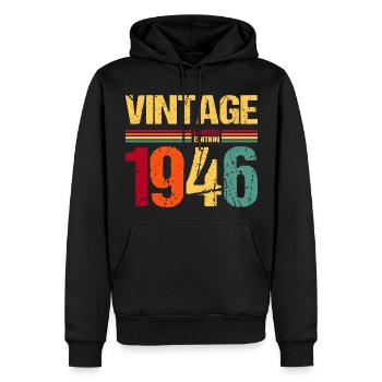 80e anniversaire Né en 1946 - Sweat à capuche Premium bio Homme - noir - Devant - Nico (187cm)