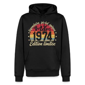 Mars 1974 52 ans Cadeau Anniversaire Mars 1974 - Sweat à capuche Premium bio Homme - noir - Devant - Nico (187cm)