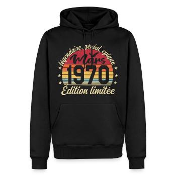 Mars 1970 56 ans Cadeau Anniversaire Mars 1970 - Sweat à capuche Premium bio Homme - noir - Devant - Nico (187cm)