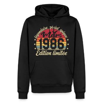 Mars 1986 40 ans Cadeau Anniversaire Mars 1986 - Sweat à capuche Premium bio Homme - noir - Devant - Nico (187cm)