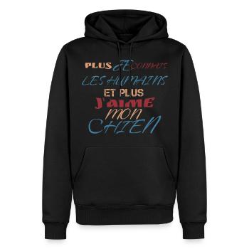 PLUS JE CONNAIS LES HUMAIS PLUS J aime mon chien - Sweat à capuche Premium bio Homme - noir - Devant - Nico (187cm)
