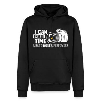 I Can Freeze what's your superpower - Camera - Männer Premium Bio Hoodie - Schwarz - Vorne - Nico (187cm)