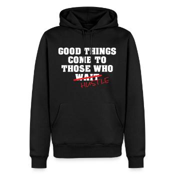 Les bonnes choses viennent à ceux qui HUSTLE - Sweat à capuche Premium bio Homme - noir - Devant - Nico (187cm)