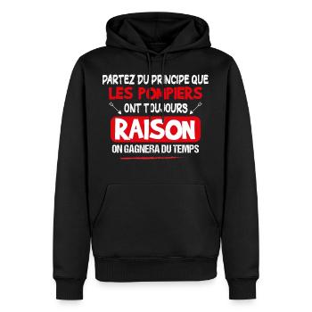 Pompier - Caserne - Phrase Drôle - Cadeau - Sweat à capuche Premium bio Homme - noir - Devant - Nico (187cm)