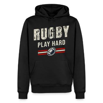 Rugby Spiel hart | Passion Oval Ball - Männer Premium Bio Hoodie - Schwarz - Vorne - Nico (187cm)