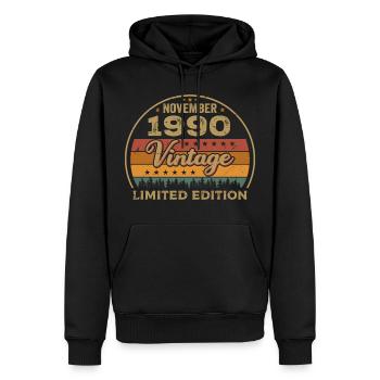 Novembre 1990 - Cadeau d’anniversaire Novembre 1990 - Sweat à capuche Premium bio Homme - noir - Devant - Nico (187cm)