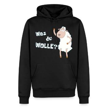 Wütendes Schaf fragt: "Was du Wolle?" - Wortwitz - Männer Premium Bio Hoodie - Schwarz - Vorne - Nico (187cm)