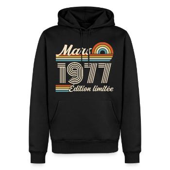 49th Birthday Gift - Born in March 1977 - Men’s Premium Organic Hoodie - black - Front - Nico (187cm)