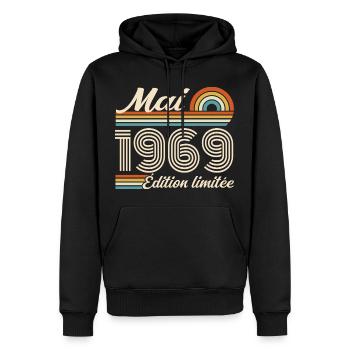Cadeau Anniversaire 57 ans - Né mai 1969 - Sweat à capuche Premium bio Homme - noir - Devant - Nico (187cm)