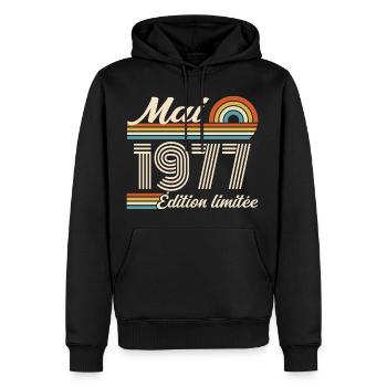 Cadeau Anniversaire 49 ans - Né mai 1977 - Sweat à capuche Premium bio Homme - noir - Devant - Nico (187cm)