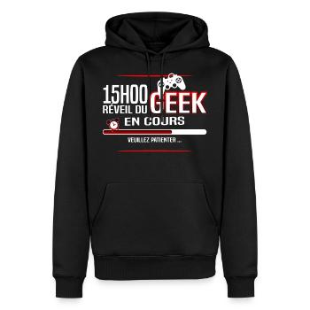 Geek gamer et réveil - Sweat à capuche Premium bio Homme - noir - Devant - Nico (187cm)