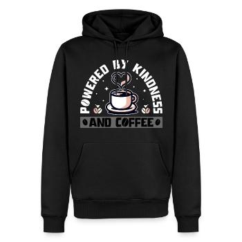 ANGETRIEBEN VON FREUNDLICHKEIT UND KAFFEE - Männer Premium Bio Hoodie - Schwarz - Vorne - Nico (187cm)