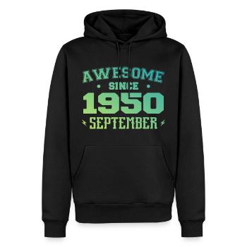 Septembre 1950 Cadeau Anniversaire Septembre 1950 - Sweat à capuche Premium bio Homme - noir - Devant - Nico (187cm)