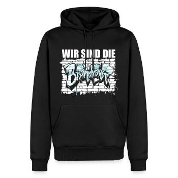 Wir sind die Brandmauer, Gegen Rechts, gegen Hetze - Männer Premium Bio Hoodie - Schwarz - Vorne - Nico (187cm)