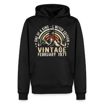 Anniversaire - février Cadeau Vintage février 1971 - Sweat à capuche Premium bio Homme - noir - Devant - Nico (187cm)