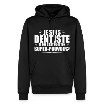 Ich bin Zahnarzt. Was ist deine Superkraft? - Männer Premium Bio Hoodie - Schwarz - Vorne - Nico (187cm)