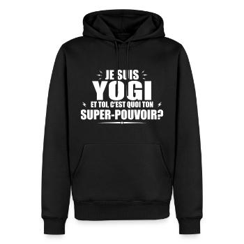 Ich bin ein Yogi. Was ist deine Superkraft? - Männer Premium Bio Hoodie - Schwarz - Vorne - Nico (187cm)