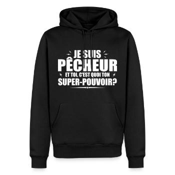 Ich bin Fischer. Was ist deine Superkraft? - Männer Premium Bio Hoodie - Schwarz - Vorne - Nico (187cm)