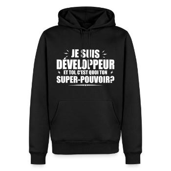 Ich bin Entwickler. Was ist deine Superkraft? - Männer Premium Bio Hoodie - Schwarz - Vorne - Nico (187cm)