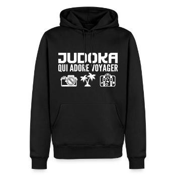 Voyageurs & Judokas : Passion & Découverte - Sweat à capuche Premium bio Homme - noir - Devant - Nico (187cm)