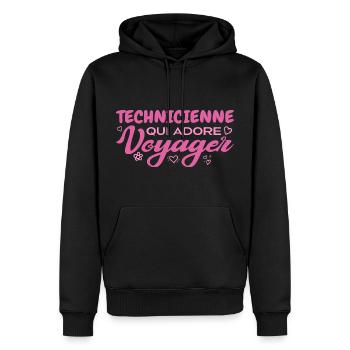 Technicienne globe-trotteuse passionnée de voyages - Sweat à capuche Premium bio Homme - noir - Devant - Nico (187cm)