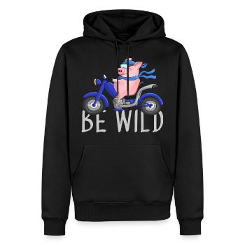Lustiges Schwein auf Motorrad Comic - Männer Premium Bio Hoodie - Schwarz - Vorne - Nico (187cm)