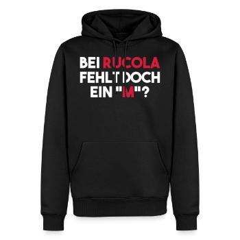 BEI RUCOLA FEHLT DOCH EIN "M"? - Männer Premium Bio Hoodie - Schwarz - Vorne - Nico (187cm)