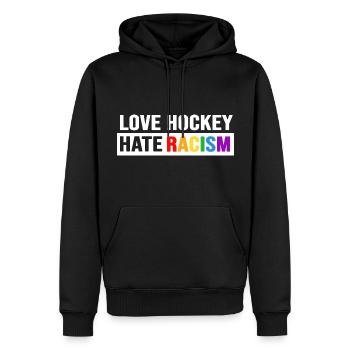Feldhockey Hockey "love hockey hate racism" - Männer Premium Bio Hoodie - Schwarz - Vorne - Nico (187cm)