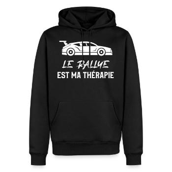 Motiv rallye ist meine Geschenktherapie - Männer Premium Bio Hoodie - Schwarz - Vorne - Nico (187cm)
