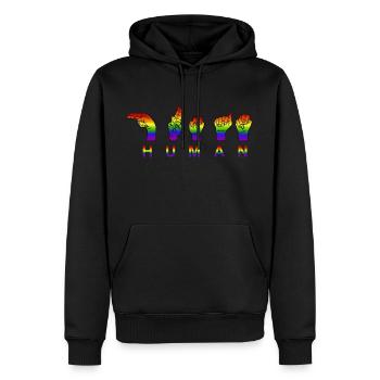 Humain - Fierté et respect - Signes de la main - Sweat à capuche Premium bio Homme - noir - Devant - Nico (187cm)