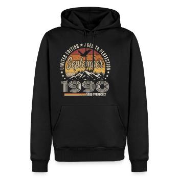 Né en Septembre 1990 - Anniversaire Septembre 1990 - Sweat à capuche Premium bio Homme - noir - Devant - Nico (187cm)