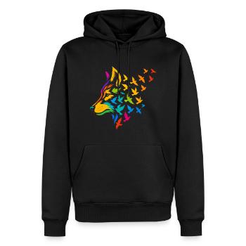 Colorful wolf head with flying birds - Men’s Premium Organic Hoodie - black - Front - Nico (187cm)