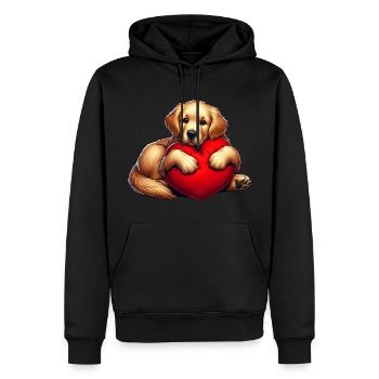 Cute Lab Dog Hugging a Red Pillow - Men’s Premium Organic Hoodie - black - Front - Nico (187cm)