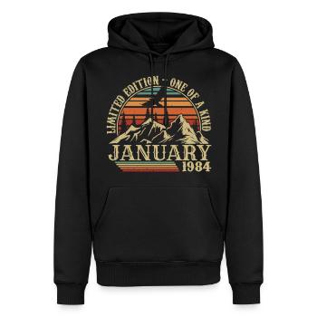 Janvier 1984 - Cadeau Anniversaire Janvier 1984 - Sweat à capuche Premium bio Homme - noir - Devant - Nico (187cm)