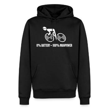 0% batterie - 100% main-d’œuvre (vélo / vélo / w) - Sweat à capuche Premium bio Homme - noir - Devant - Nico (187cm)