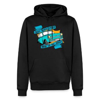 DDR himmelblauer Trabi/, Zwei Takte reichen - Männer Premium Bio Hoodie - Schwarz - Vorne - Nico (187cm)